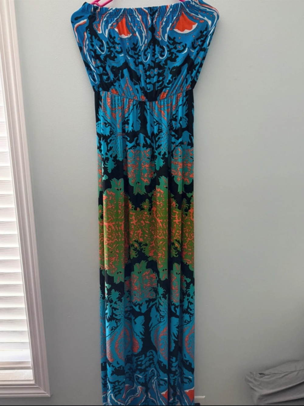Boho Strapless Blue Multi-Print Maxi Dress